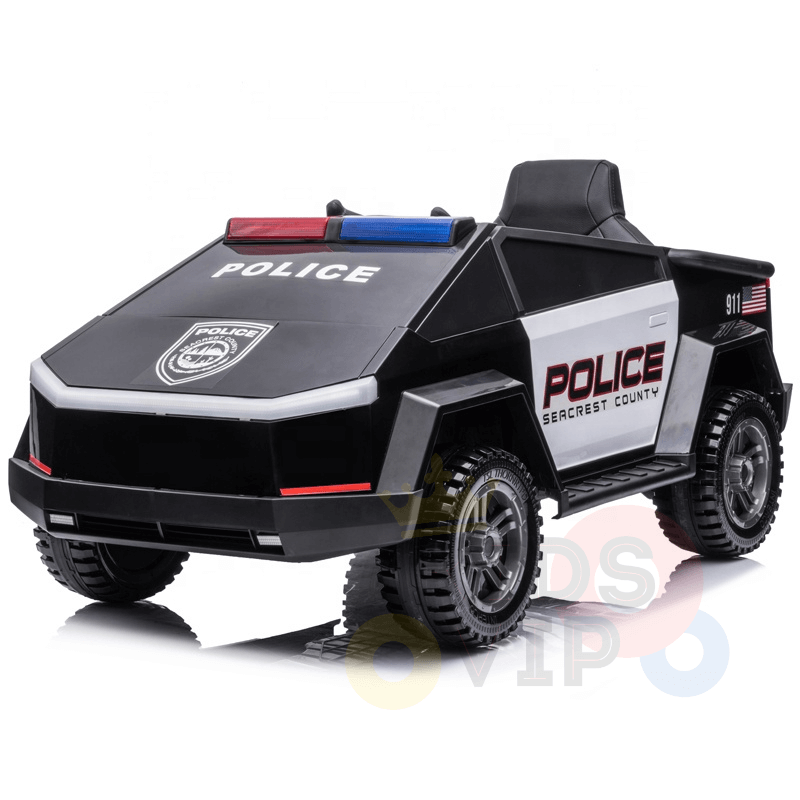 The Futuristic 12V Police Truck Ride On for Kids and Toddlers features a sleek black design with POLICE and SEACREST COUNTY on the side, push bar, realistic decals, red and blue light bar, durable rubber wheels, sirens, RC control, and a high seat with backrest for an authentic experience.