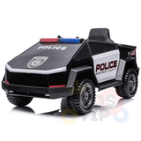 The Futuristic 12V Police Truck Ride On for Kids and Toddlers features a sleek black design with POLICE and SEACREST COUNTY on the side, push bar, realistic decals, red and blue light bar, durable rubber wheels, sirens, RC control, and a high seat with backrest for an authentic experience.