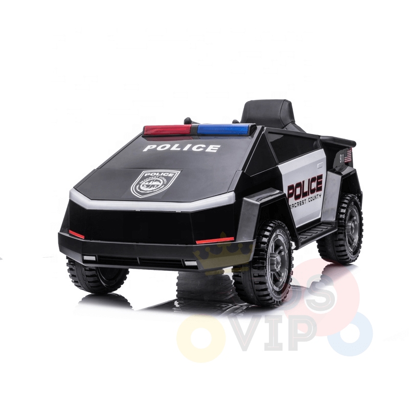 The Futuristic 12V Police Truck Ride On for Kids and Toddlers, part of the Futuristic Series, is a sleek toy police car with black and white colors, police decals, red and blue lights, sirens, RC capabilities, and large rubber wheels for dynamic imaginative play.