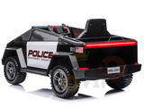 The Futuristic 12V Police Truck Ride-On for Kids and Toddlers resembles an emergency vehicle with Police and Seacrest County markings, large rugged tires, a sleek black-and-white design, a U.S. flag, the number 911, and model number BRD-2102 on the back.