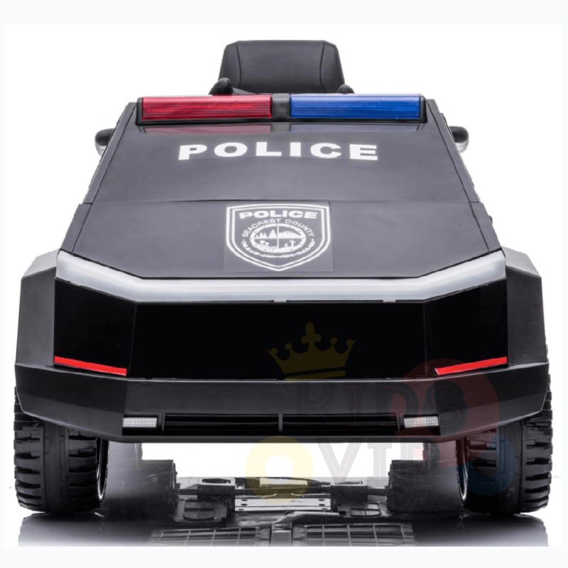The Futuristic 12V Police Truck Ride On for Kids features sirens, red and blue rooftop lights, POLICE on the hood, a badge emblem below it, a sleek black design, and wide rubber wheels.