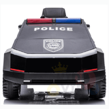 The Futuristic 12V Police Truck Ride On for Kids features sirens, red and blue rooftop lights, POLICE on the hood, a badge emblem below it, a sleek black design, and wide rubber wheels.