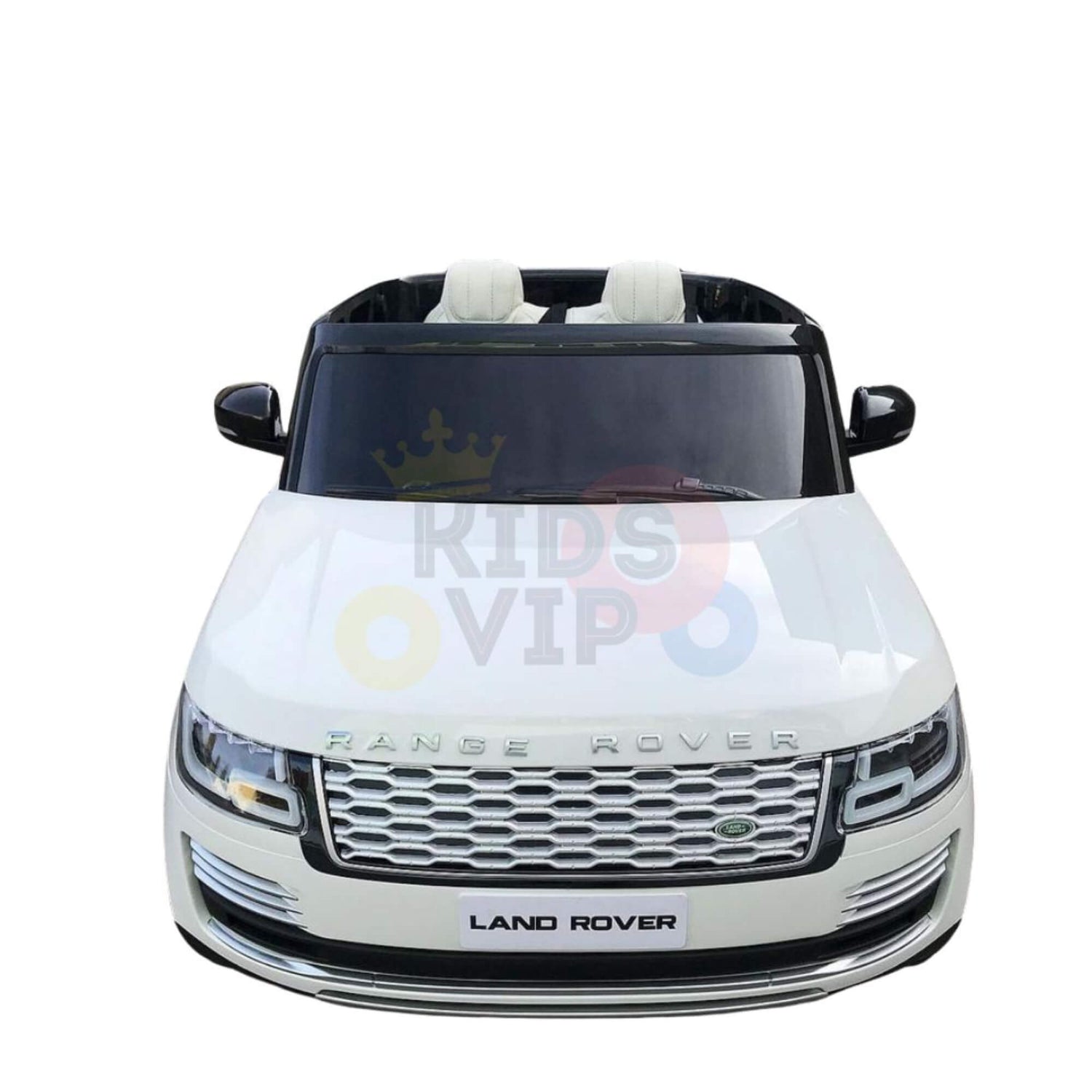 The 24V White on White Edition Range Rover Kids Ride On Car offers two seats and a sleek design. Detailed with a grille and headlights, it showcases advanced technology. The brand logo stands out on its crisp white finish for thrilling adventures, enhanced with RC and MP4 features.