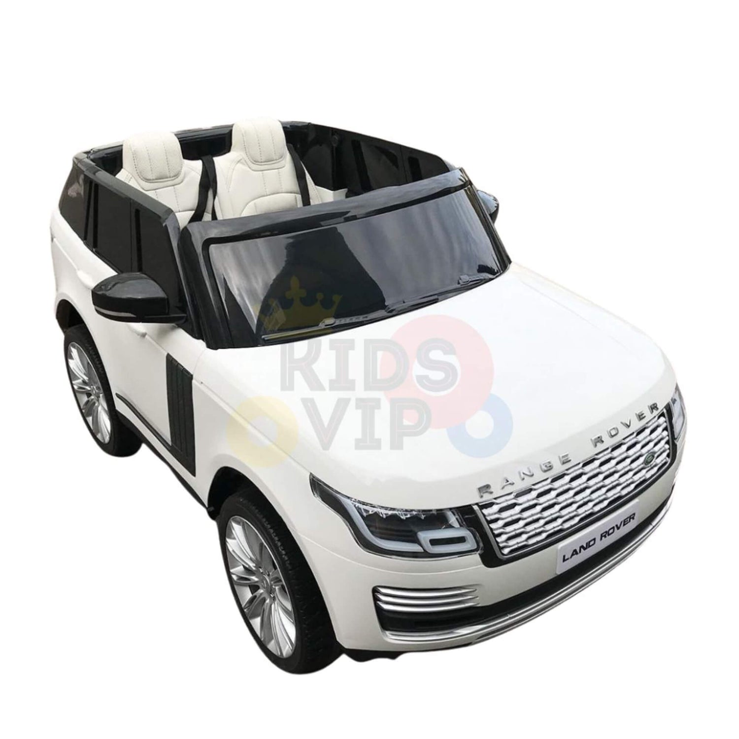 The 24V Complete White on White Edition Range Rover ride-on car for kids features two seats, detailed black trim, and the KIDS VIP logo partially visible on the windshield. This mini Range Rover mirrors its real-life version but is designed for children.