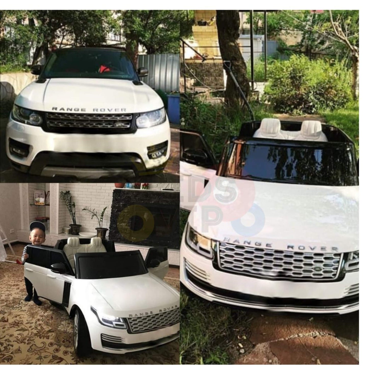 A collage of the 24V Complete White on White Edition 2 Seats Range Rover Kids Ride On Car with RC, MP4. One photo shows it parked outside amid greenery, another inside with a smiling child, and the third focuses on its front bumper. A full-sized Range Rover is visible in the first image.