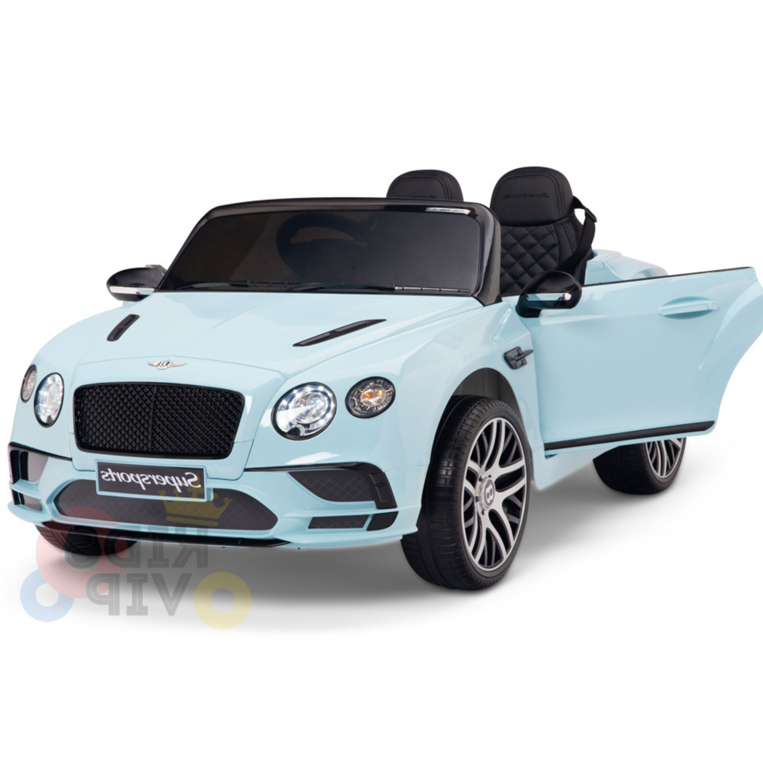 A light blue Bentley GTC Kids Ride On Car with black leather seats and one open door. It features detailed headlights, a front grille, rubber wheels, and is 12V remote-controlled for endless fun.