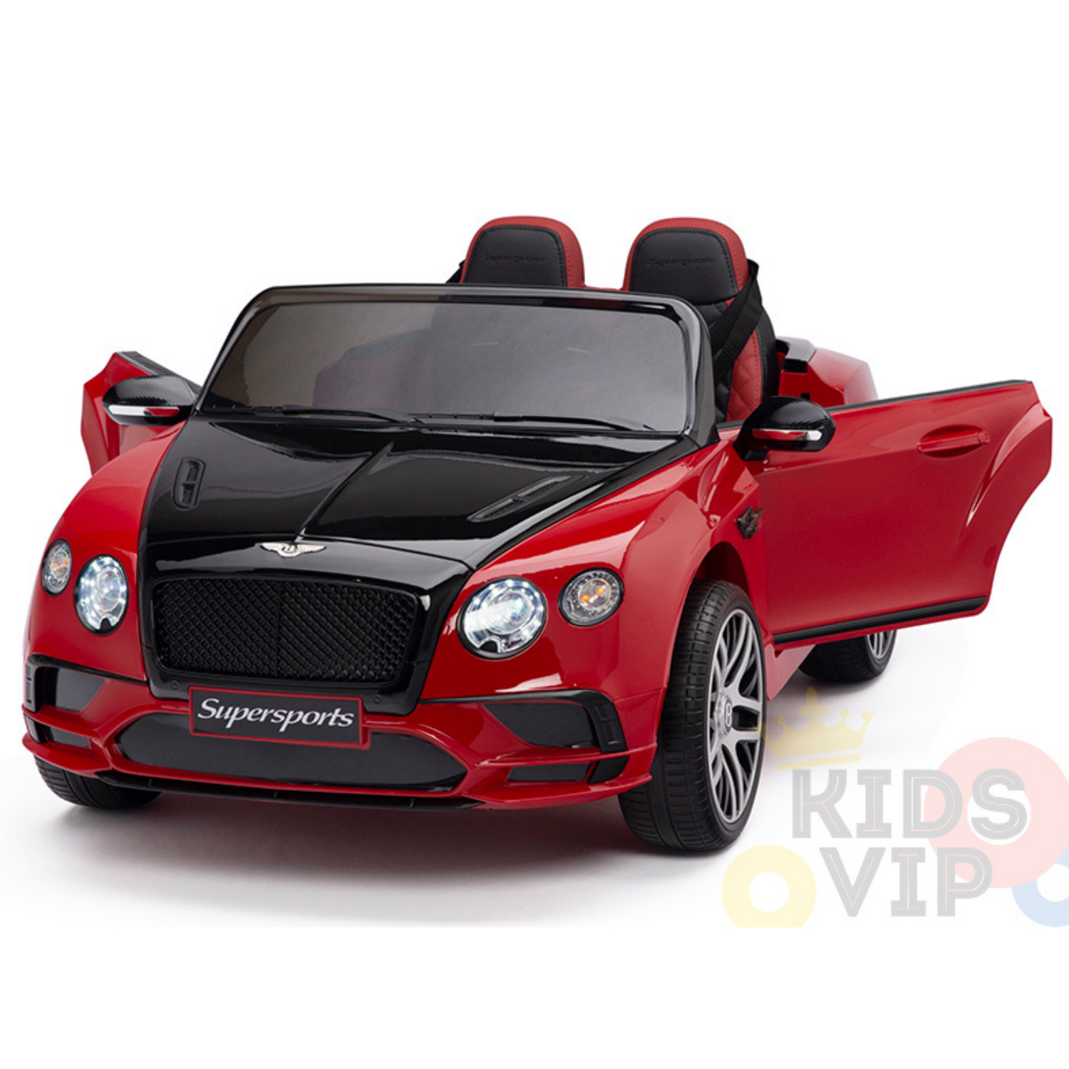 The Red 12V Bentley GTC Kids Licensed Ride On Car features open doors, a Supersports label, and a KIDS VIP logo. Modeled after a luxury sports car with rubber wheels, it offers an exciting remote control experience for children.