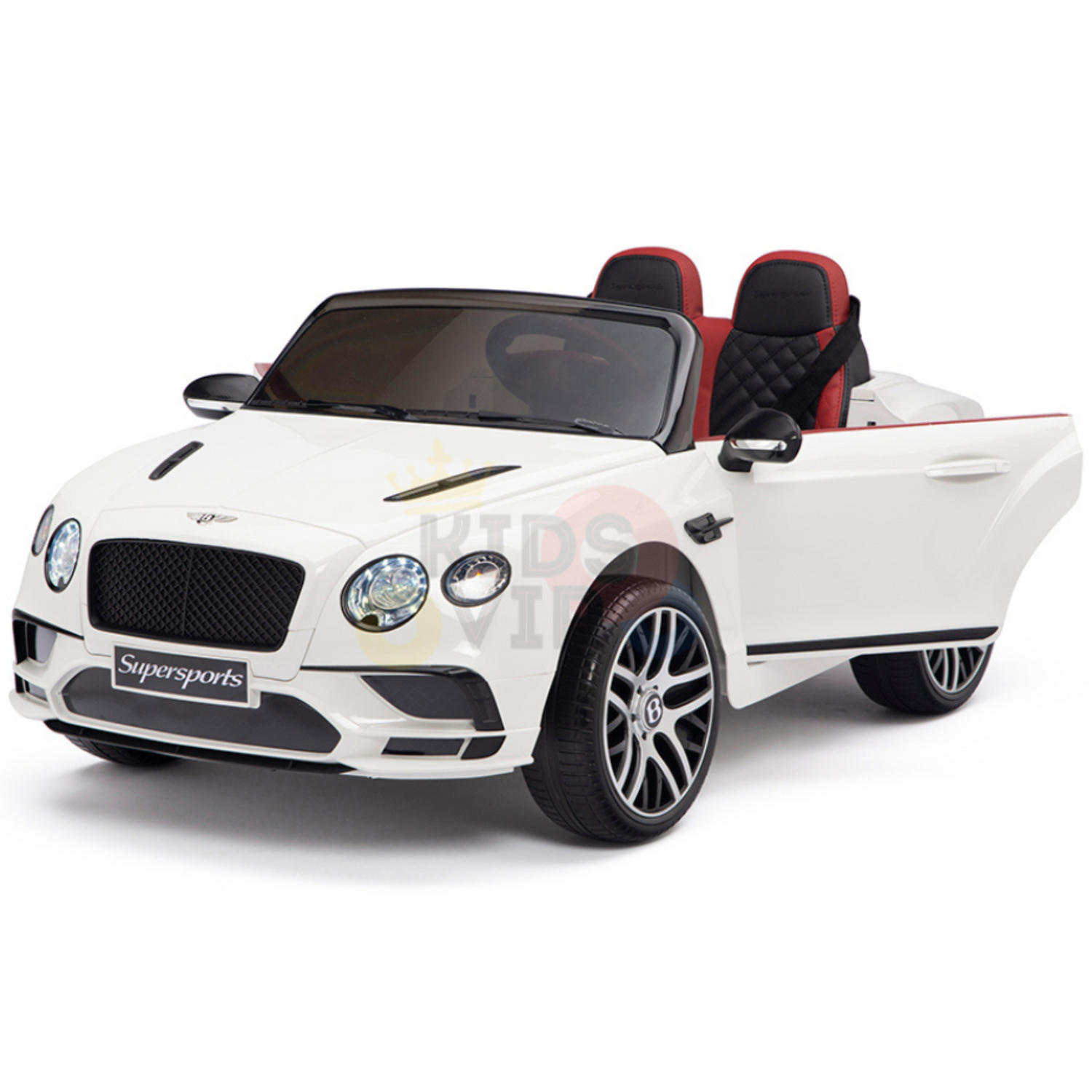 The White 12V Bentley GTC Kids Licensed Ride-On Car features a sporty convertible design with black and red leather seats, detailed rims, an open drivers door, and a remote for easy control. The iconic grille showcases Supersports.