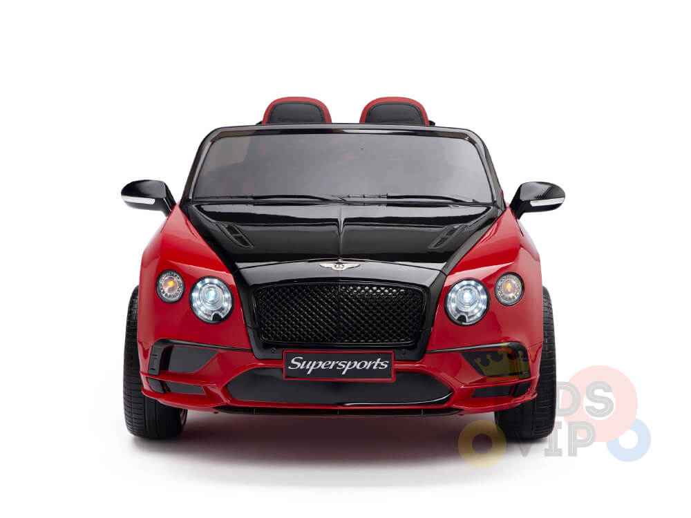 This sleek red Bentley GTC Kids Ride On Car, labeled Supersports, features a distinctive grille and headlights. Its a 12V electric model with rubber wheels and remote control, showcased against a plain white background.