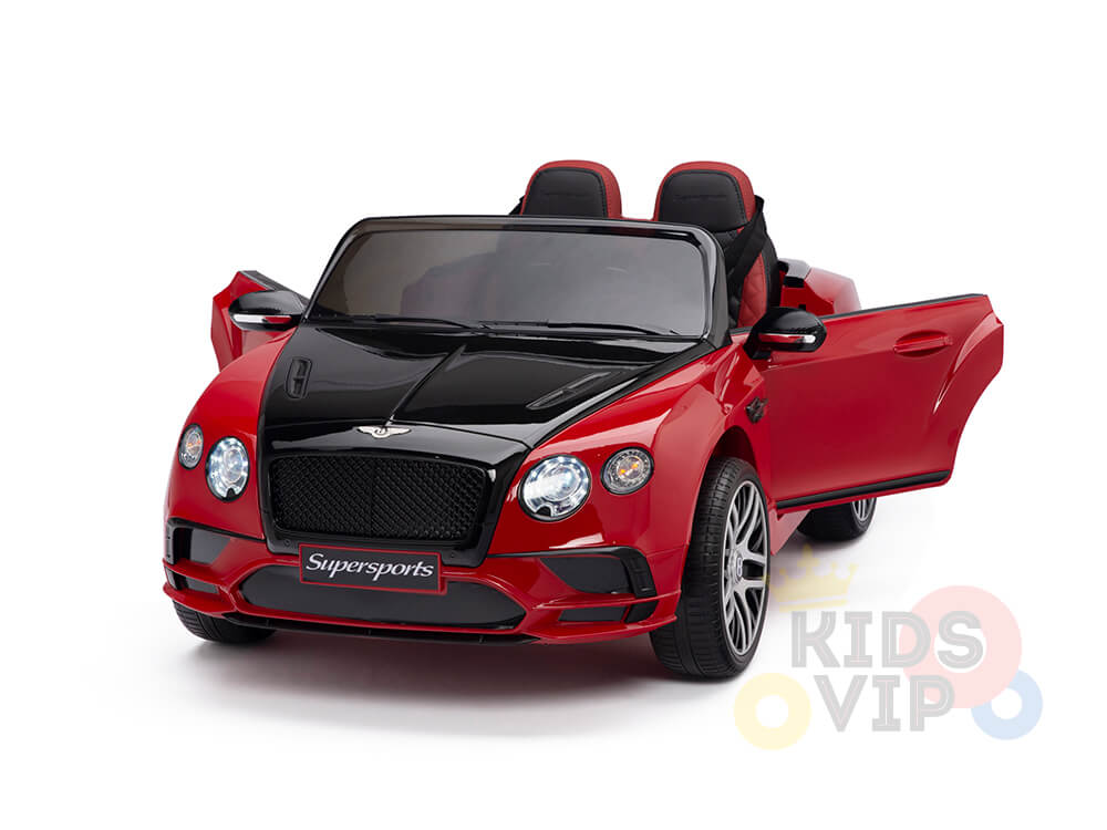 The Red 12V Bentley GTC Kids Licensed Ride On Car features rubber wheels, open doors, black accents, and the Supersports logo. It has two seats, detailed headlights, realistic tires for a luxurious design, and includes a Remote Control feature with the KIDS VIP logo in the corner.
