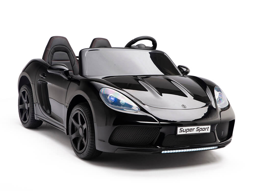 This sleek black ride-on sports car hood, labeled Super Sport, features detailed headlights. Its part of the 24v/180w XXL Super Ride with two seats and a glossy finish that perfectly complements your collections realistic design.