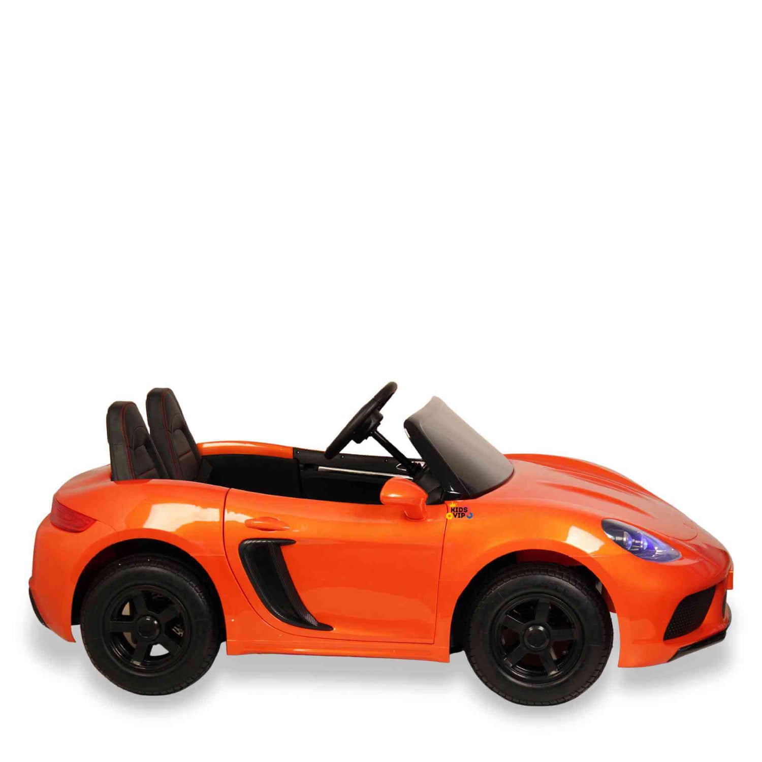 The Orange 24V XXL SuperSport Big Kids Ride On Car, equipped with a 180W brushless motor and real tires, is shown in bright orange with sleek black wheels and interior on a white background.