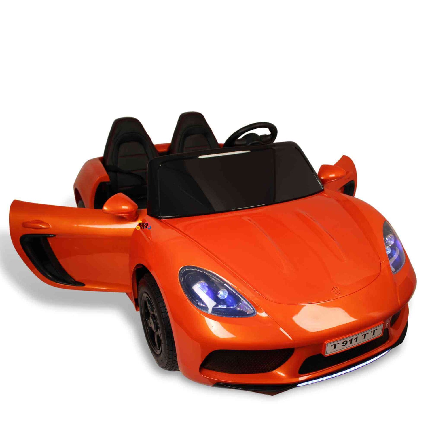 Experience excitement with the Orange 24V XXL SuperSport Ride On Car, featuring blue headlights, a sleek black interior, and one door open to reveal the steering wheel. Equipped with realistic air-filled tires and a T-911 T-T license plate for an authentic touch.
