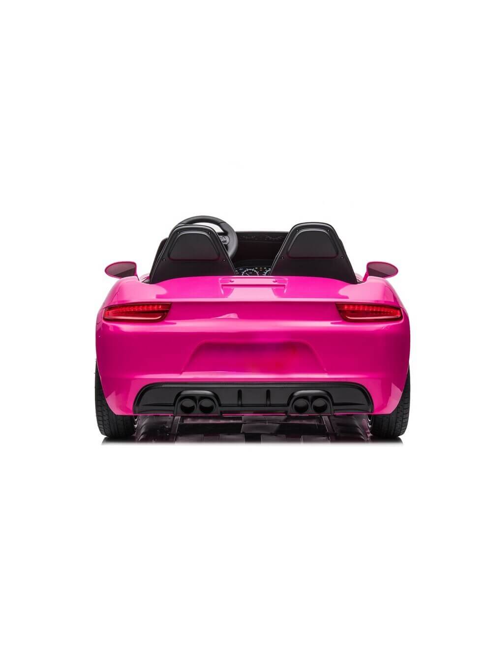 The Pink XXL SuperSport Big Kids 24v Ride On Car features two black seats, a sleek design with real wheels, dual exhaust pipes, and modern taillights. Isolated on a white background, this 180W brushless motor car is viewed from the rear in bright pink.