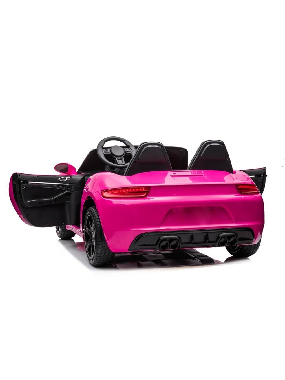The Pink XXL SuperSport Big Kids 2 Seater 24v Ride On Car is displayed from the rear on a white background. It has open doors, rubber wheels, black seats, and a steering wheel powered by a 180W brushless motor, highlighting its vibrant color and sleek design.
