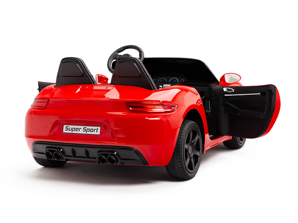 The red Super Sport 24v/180w XXL Super Ride convertible features a sleek design with black seats, an open driver-side door showcasing the interior, black rims, and twin exhaust pipes—ideal for stylish vehicle enthusiasts!.