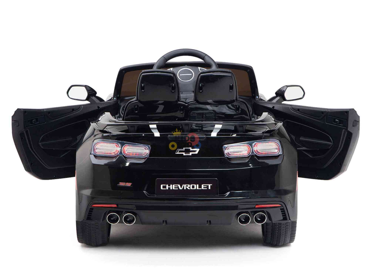 The Black Official Sport 12V Chevrolet Camaro Ride-On Car for kids features realistic taillights, dual exhausts, side mirrors, an ECO leather seat for comfort, and durable EVA rubber wheels. It is shown with open doors and viewed from the rear.