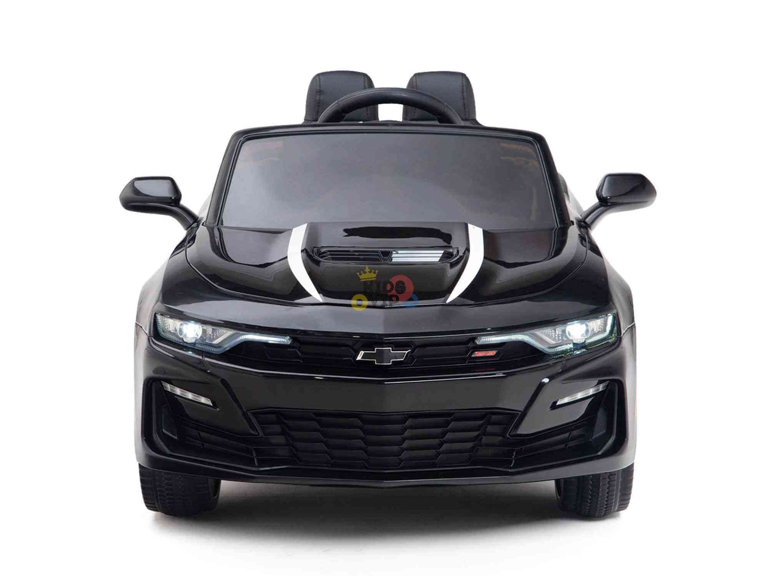 Displayed on a plain white background, the Black Official Sport 12V Chevrolet Camaro Kids and Toddlers Ride on Car resembles a sleek, black Camaro, showcasing realistic front details such as headlights, mirrors, a grille logo, and EVA rubber wheels for authenticity.