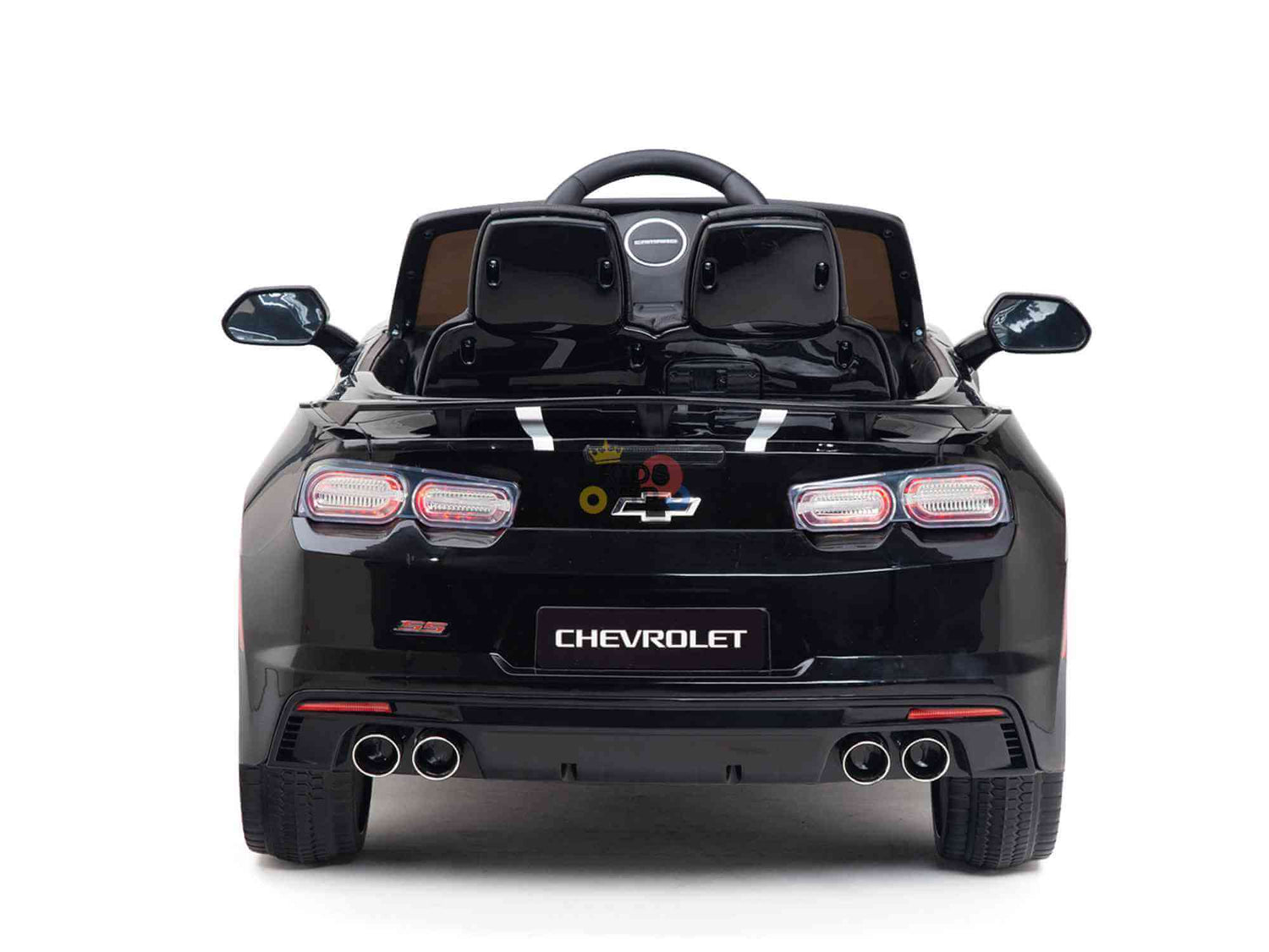 A small black toy car, seen from the rear, resembles a Black Official Sport 12V Chevrolet Camaro Kids and Toddlers Ride on Car. It has a Chevrolet logo, dual exhaust pipes, side mirrors, ECO leather seat, EVA rubber wheels, metallic finish and lights for an authentic sports model vibe.