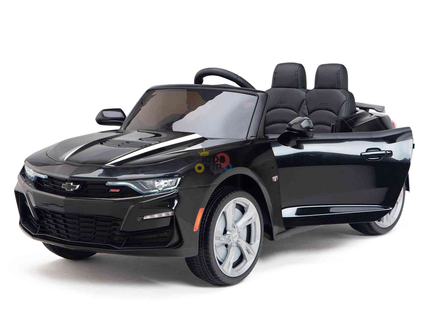 The Black Official Sport 12V Chevrolet Camaro Kids and Toddlers Ride on Car features a sleek design with silver rims, an open drivers door, realistic side mirrors, headlight accents, Eva Rubber Wheels for smooth rides, and two ECO Leather seats for comfort.