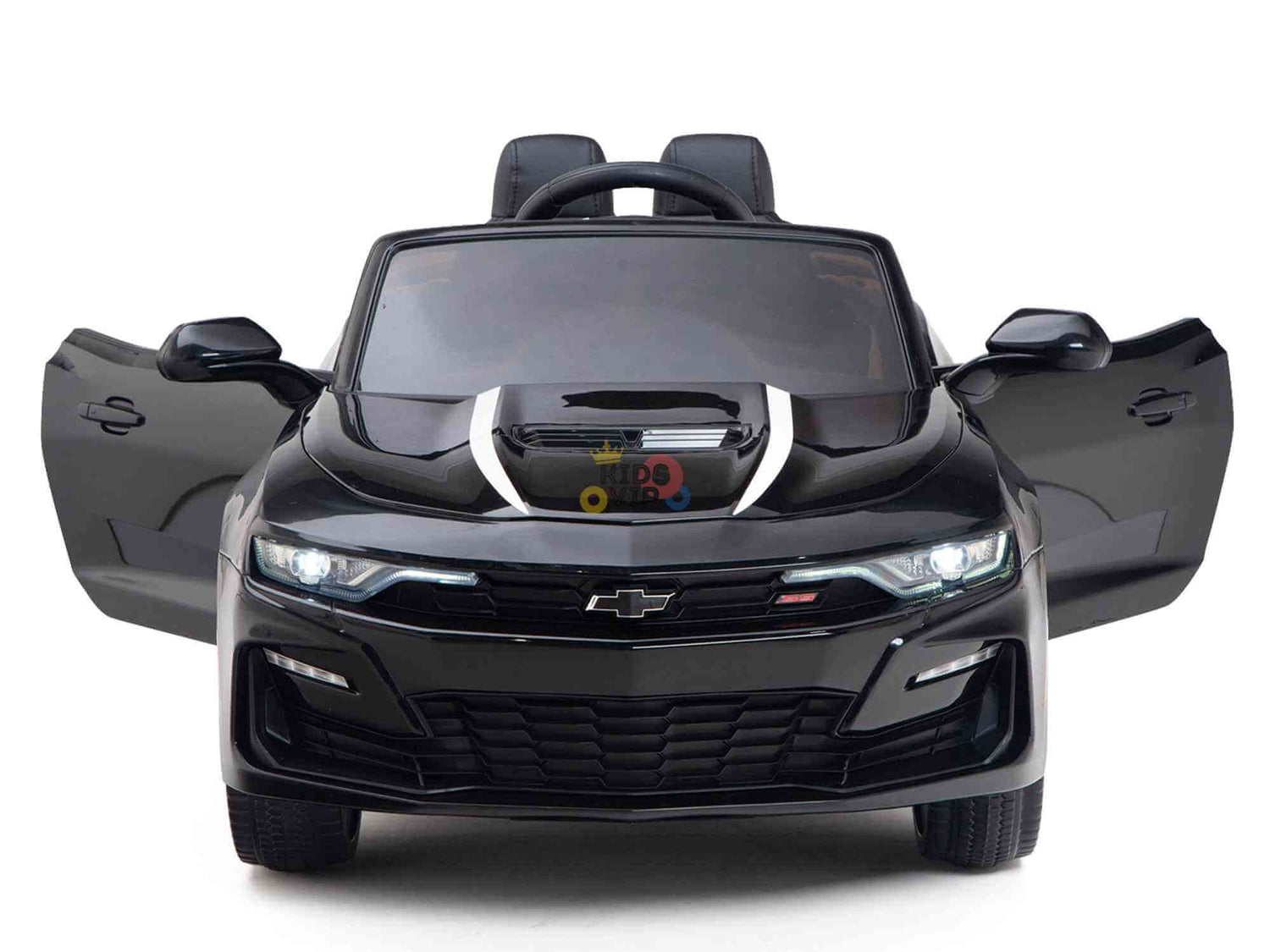 The Black Official Sport 12V Chevrolet Camaro Ride-On Car for kids features a sleek design with open doors, a prominent front grille, Eva rubber wheels, illuminated headlights, an ECO leather two-seat interior, and a front logo.