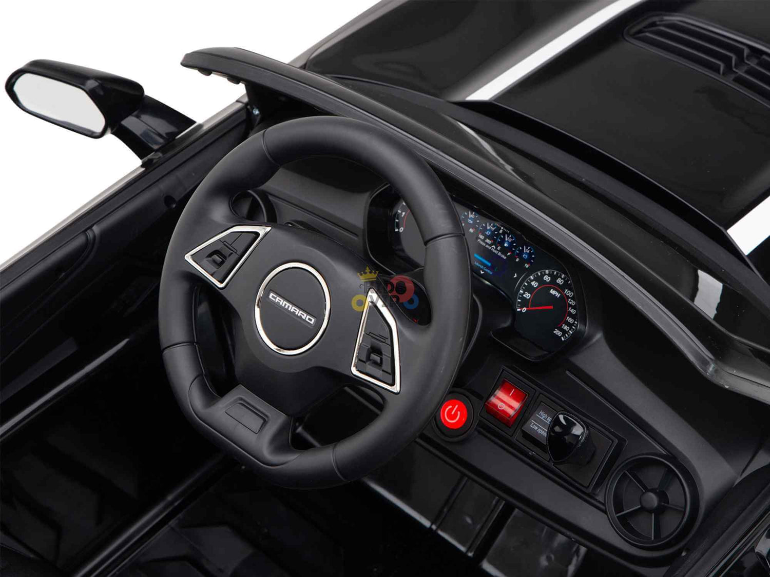 Close-up of the Black Official Sport 12V Chevrolet Camaro Kids and Toddlers Ride on Cars interior with a Camaro steering wheel, speedometer and gauge decals on the dashboard, control-like buttons, shiny surfaces, Eva rubber wheels, and a comfortable ECO leather seat.