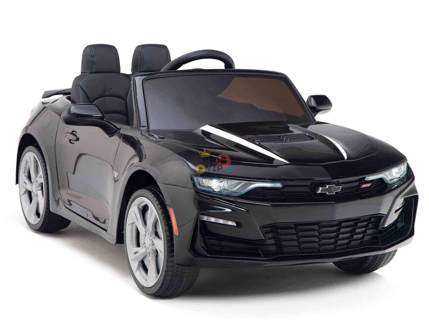 The Black Official Sport 12V Chevrolet Camaro Kids Ride-on Car boasts front headlights, a steering wheel, two black ECO leather seats, and Eva rubber wheels. This stylish toy is shown against a white background.