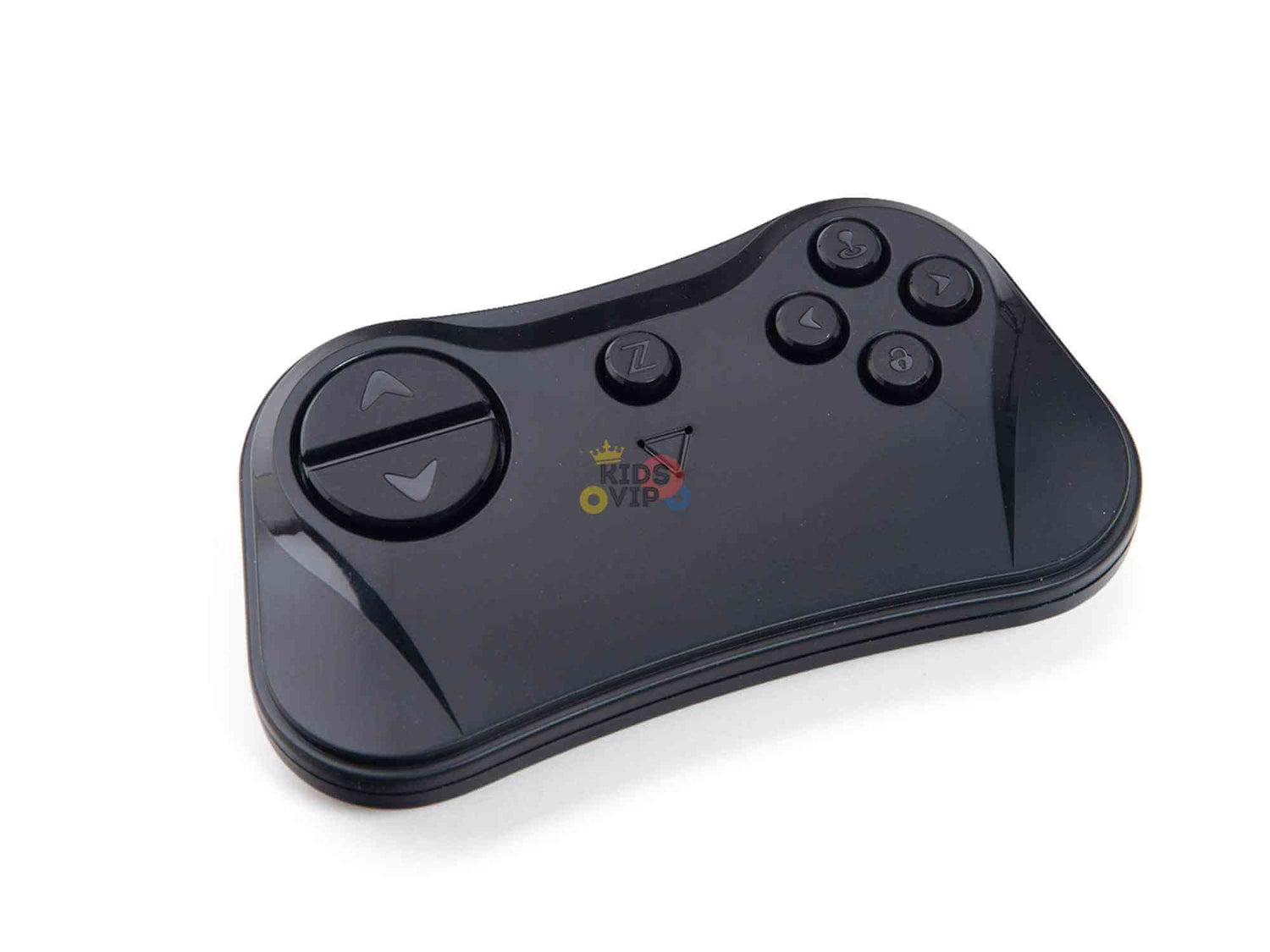 A black video game controller features directional pads and four circular buttons labeled Z, A, B, and C on the right. The Rides On VIP logo graces the center, echoing the sleek style of a Black Official Sport 12V Chevrolet Camaro Kids and Toddlers Ride on Car with Eva Rubber Wheels.