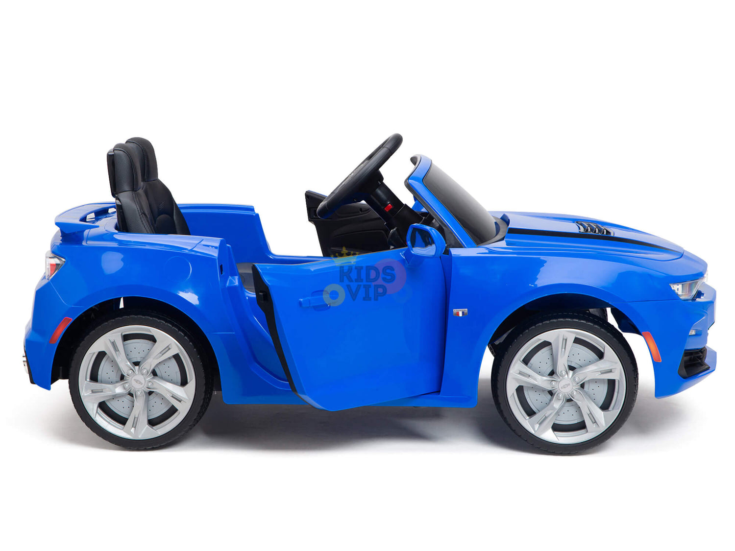 The Blue Official Sport 12V Chevrolet Camaro Kids and Toddlers Ride-On Car features an open drivers side door, black steering wheel, seats, silver wheels, and offers endless fun with its sporty look. Perfect for little ones to enjoy a thrilling ride.