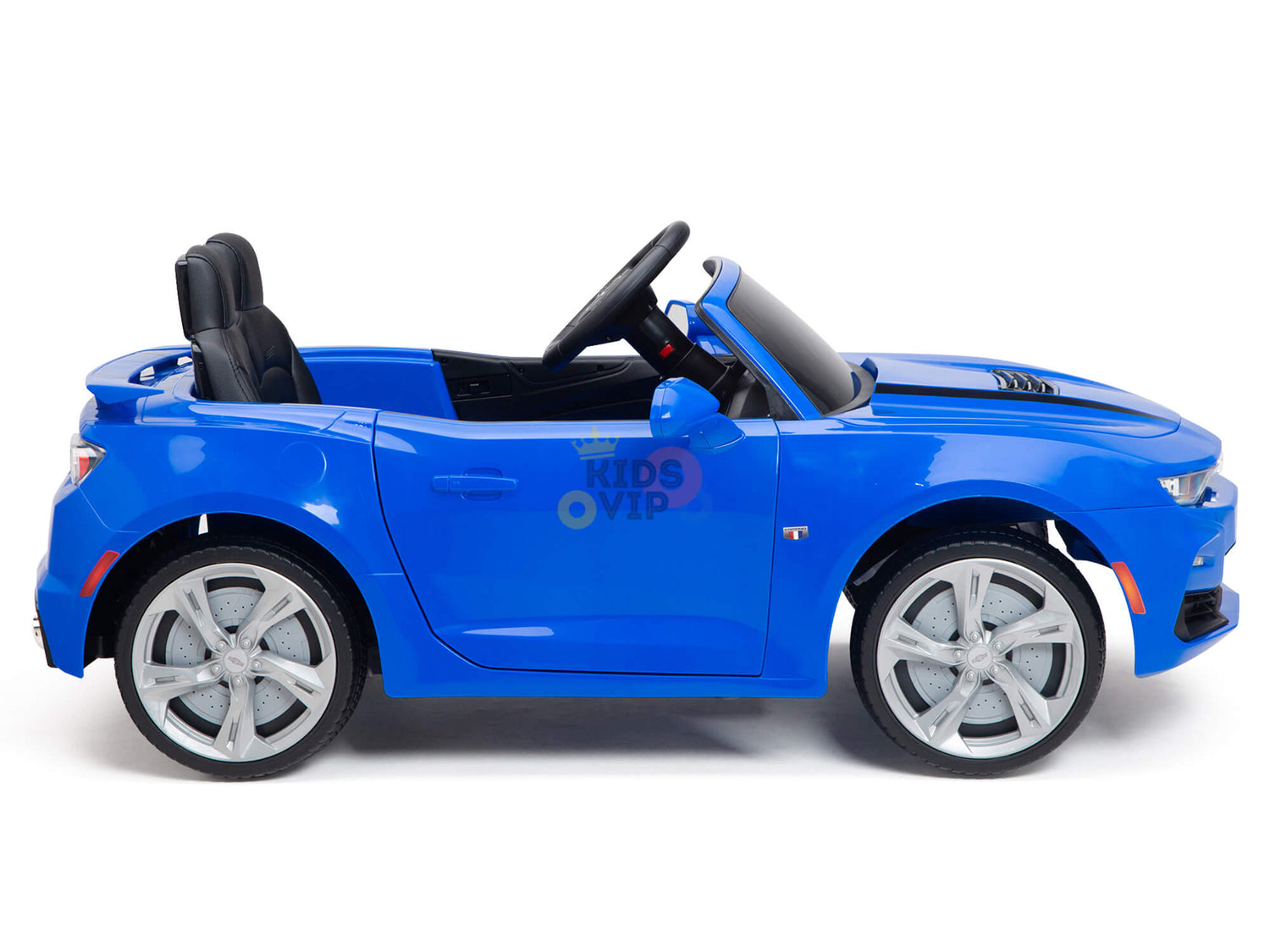 The Blue Official Sport 12V Chevrolet Camaro Ride-on Car for kids features a sleek design with black seats and silver wheels, resembling a sporty convertible. It has a steering wheel, streamlined body, and Bluetooth capability, making it perfect for adventurous toddlers.
