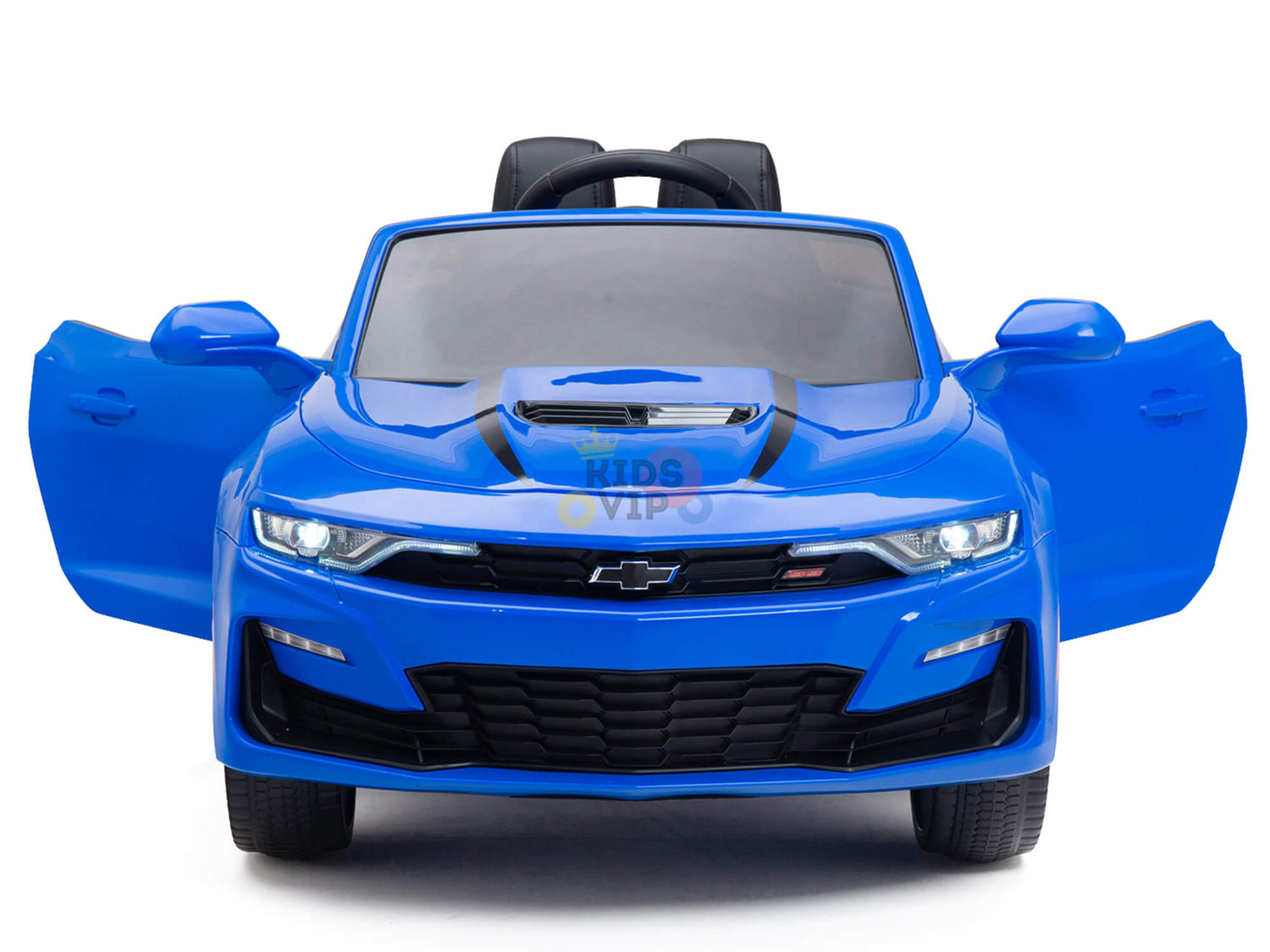 The Blue Official Sport 12V Chevrolet Camaro Kids and Toddlers Ride on Car features a convertible design with both doors opening, black seats, and the iconic Chevrolet logo. It offers Bluetooth connectivity for an enhanced ride-on experience.