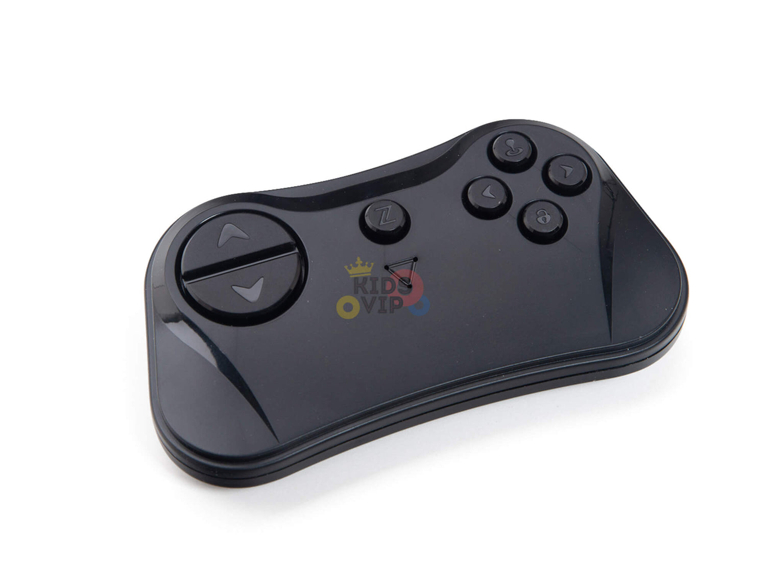 A sleek black gaming controller with directional arrows on the left and four buttons labeled Z, B, C, 1 on the right. Ideal for precise control of your Blue Official Sport 12V Chevrolet Camaro Kids and Toddlers Ride on Car, its glossy center adds style.