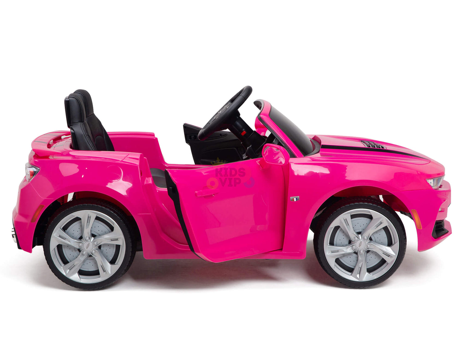 The Pink 12V Official Sport Chevrolet Camaro Kids and Toddlers Ride on Car features open doors, a sleek black interior, detailed side mirrors, a steering wheel, and shiny silver rims, mimicking the sporty elegance of a real Camaro.
