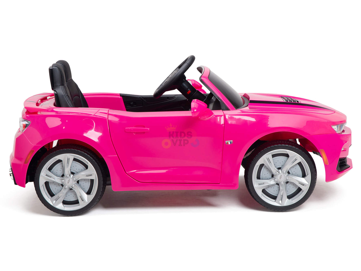 A Pink 12V Official Sport Chevrolet Camaro ride-on car for kids and toddlers is displayed against a white background, featuring a black seat, steering wheel, silver rims, and realistic details. Perfect for young enthusiasts of stylish rides.