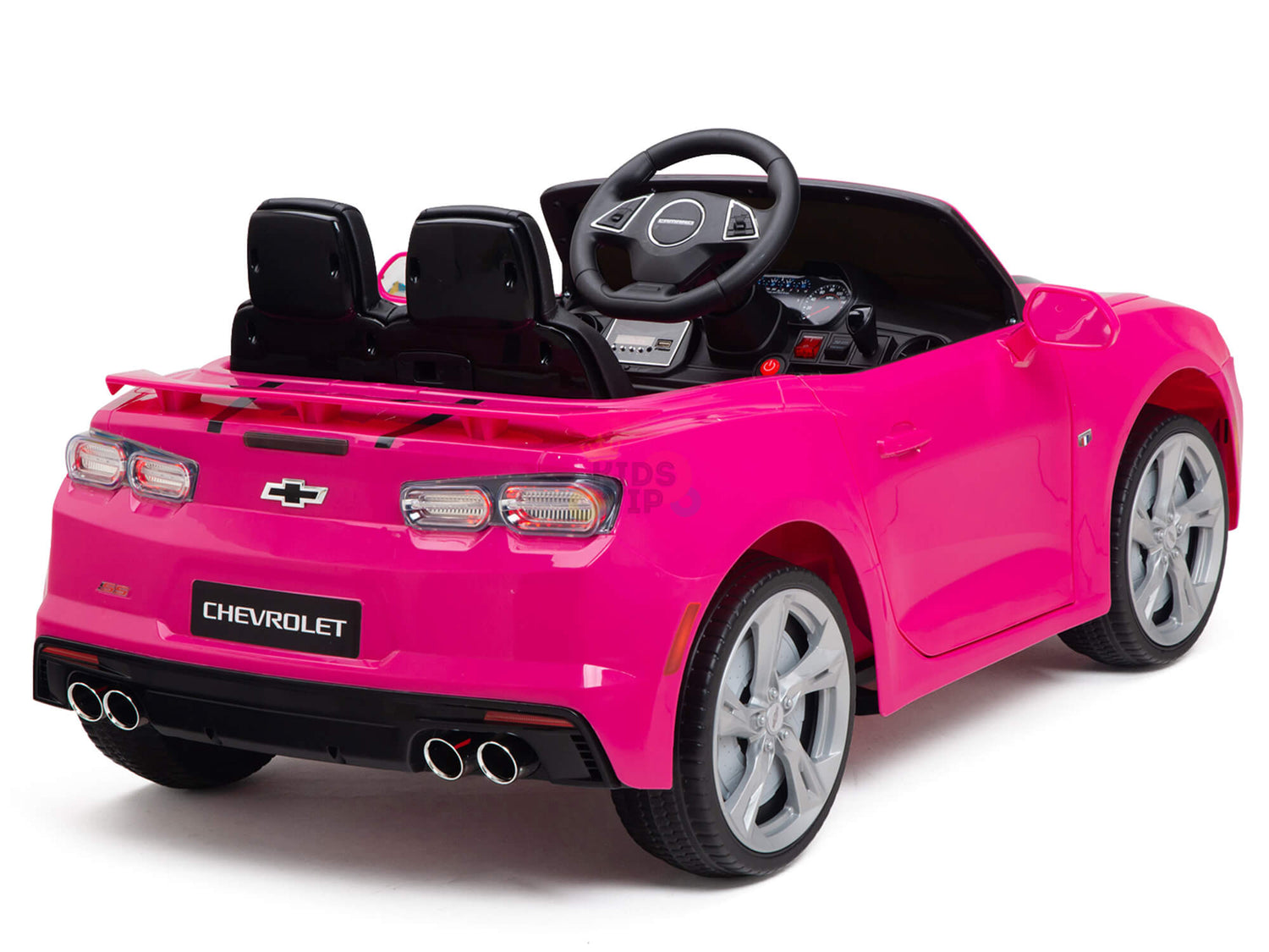 The Pink 12V Official Sport Chevrolet Camaro Kids and Toddlers Ride on Car features black seats, a steering wheel, silver wheels, realistic exhaust pipes, and branded logos. Displayed from a rear angle, it captures its charming appeal.