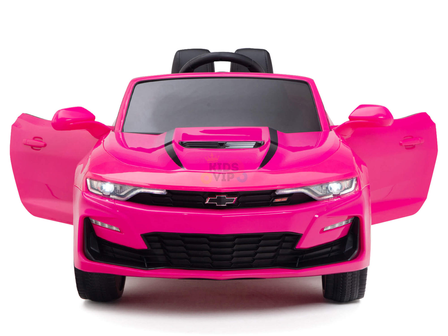 The Pink 12V Official Sport Chevrolet Camaro Kids and Toddlers Ride-On Car is a vibrant pink vehicle with open doors, inspired by the Chevrolet Camaro. It features a sleek design with a front grille and headlights, as well as an interior with a small steering wheel and seating for adventurous kids.