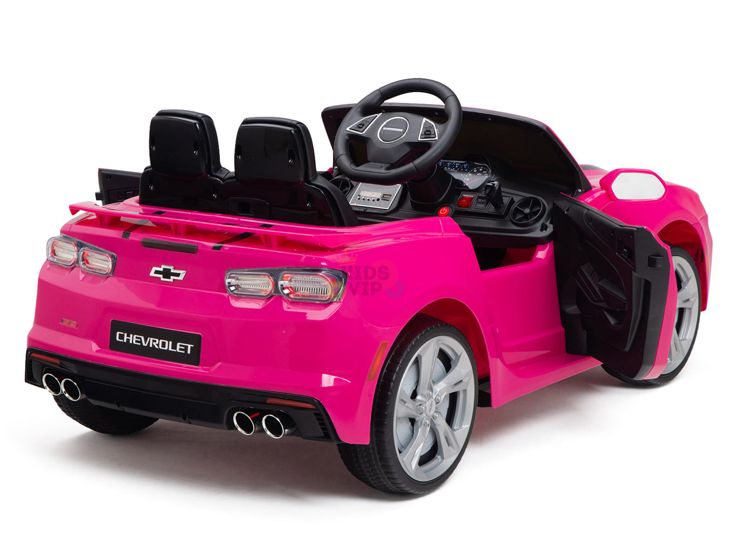 A Pink 12V Official Sport Chevrolet Camaro Kids and Toddlers Ride on Car with black seats, an open drivers door, steering wheel, control panel, side mirrors, and dual exhausts is set against a white background.