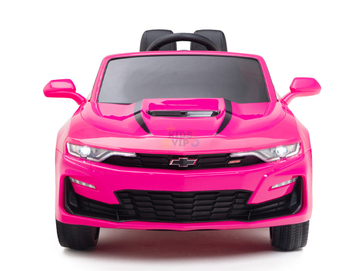 The Pink 12V Official Sport Chevrolet Camaro Kids and Toddlers Ride on Car features a bright pink convertible design with a detailed hood, grille, mirrors, and windshield. Its open-top style showcases a small steering wheel inside, ideal for young dreamers.