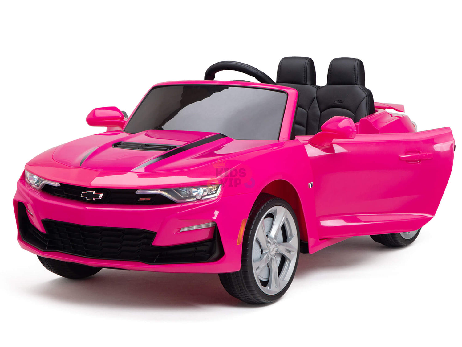 The Pink 12V Official Sport Chevrolet Camaro Kids and Toddlers Ride on Car resembles a convertible with an open drivers door and features side mirrors, headlights, and a sleek black interior. Positioned at an angle, it highlights its impressive front and side profile.