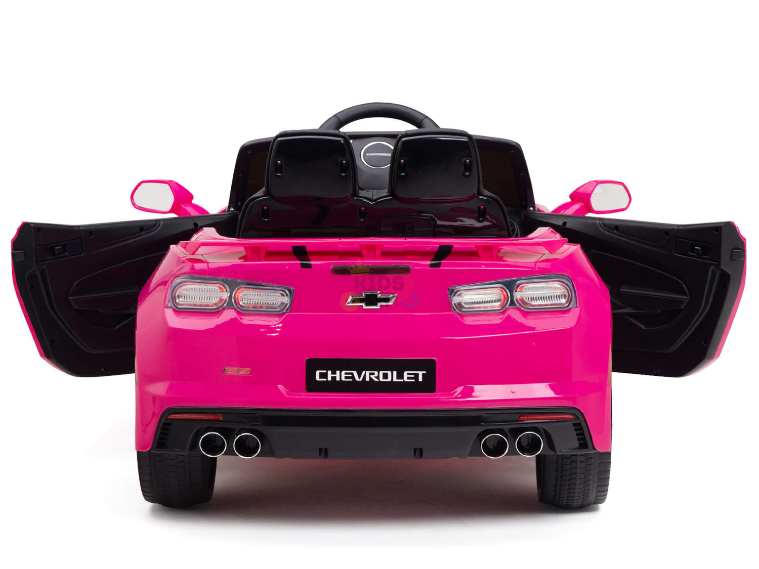 A pink 12V Official Sport Chevrolet Camaro kids ride-on car is viewed from the rear with open doors and trunk, featuring dual exhaust pipes, visible rear lights, and a steering wheel inside.
