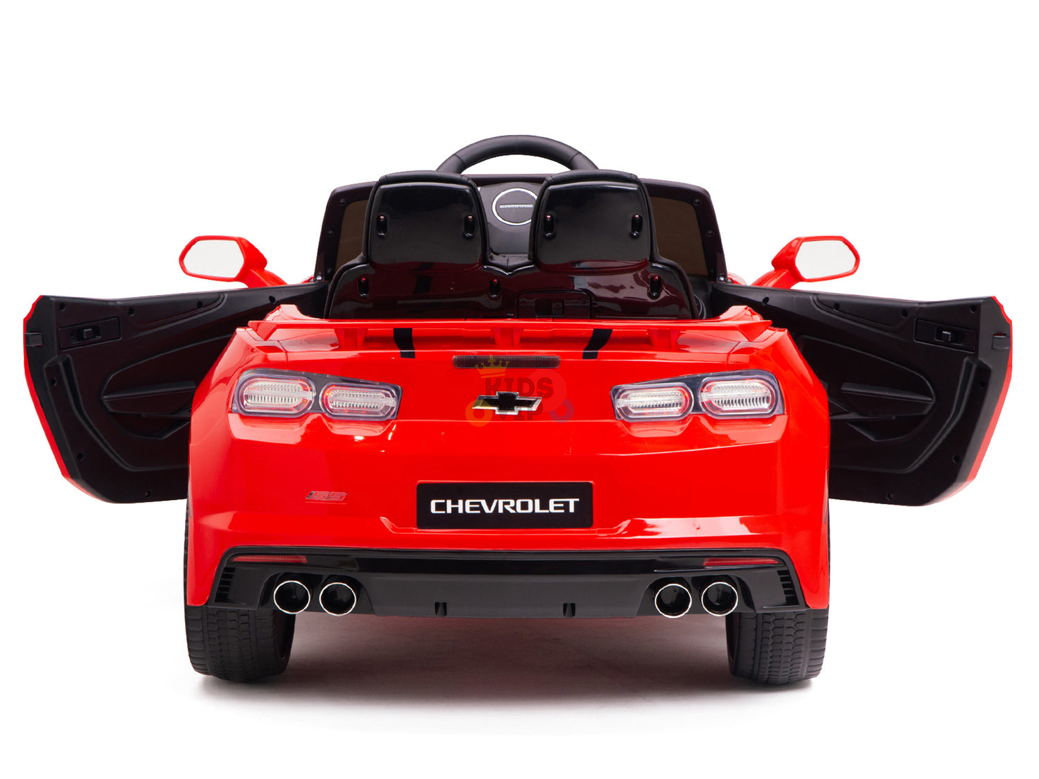 The Red 12V Official Sport Chevrolet Camaro Kids and Toddlers Ride-on Car displays open doors from the rear, showcasing detailed tail lights, dual exhausts, and an emblem. Inside, it includes a steering wheel and seats for an exciting drive.