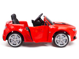 The Red 12V Official Sport Chevrolet Camaro Kids and Toddlers Ride-on Car features open doors, a black seat, steering wheel, and shiny silver wheels. Ideal for stylish young drivers, it offers safety and fun with a remote control for extra ease of use.