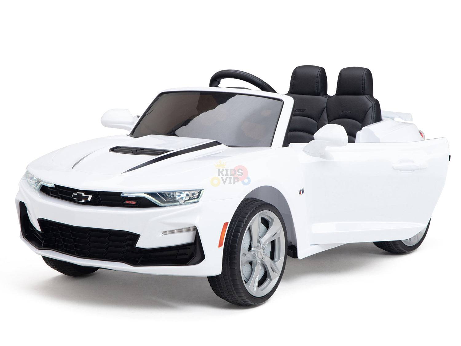 The White 12V Official Sport Chevrolet Camaro Kids and Toddlers Ride on Car is a convertible with two seats, realistic features like a steering wheel, side mirrors, headlights, and an open drivers side door.