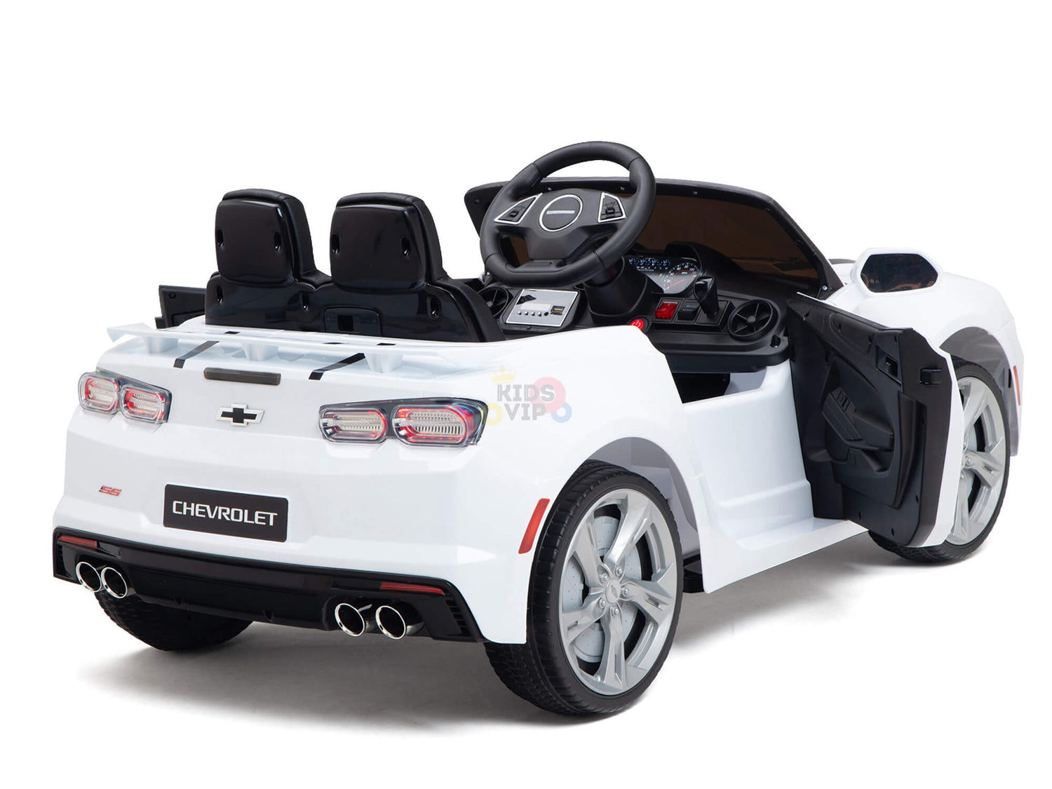 The White 12V Official Sport Chevrolet Camaro Kids Ride-On Car features dual exhausts, two seats, a steering wheel, rear lights, an opening drivers door, and CHEVROLET on the back. Ideal for remote-controlled adventures.