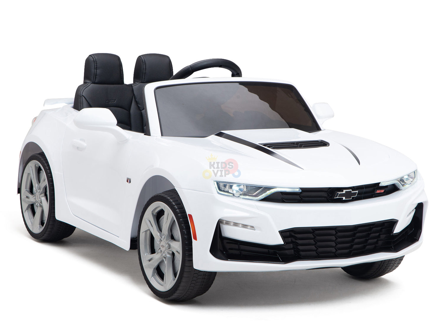 The White 12V Official Sport Chevrolet Camaro Kids Ride-On Car features a sleek body, black interior, detailed grille, and shiny wheels positioned against a plain white background.