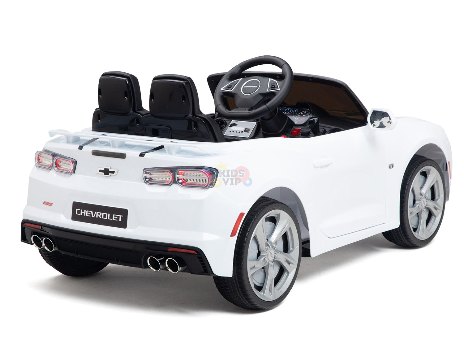 The White 12V Official Sport Chevrolet Camaro Kids and Toddlers Ride on Car features black seats, dual exhaust pipes, a control-equipped dashboard, a distinct rear emblem, and a visible steering wheel—ideal for little drivers ready for their adventure.