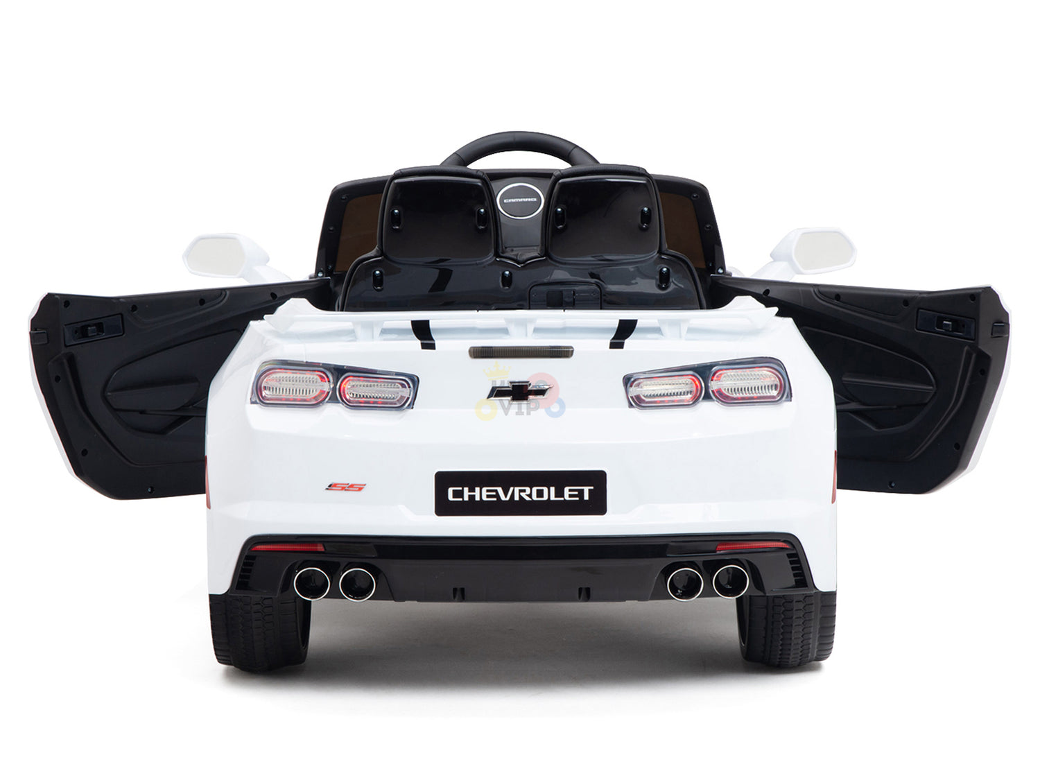The White 12V Official Sport Chevrolet Camaro Kids and Toddlers Ride-On Car offers open doors, dual exhaust pipes, a sleek black interior, and features the iconic Chevrolet logo. It includes remote control capabilities for young drivers.