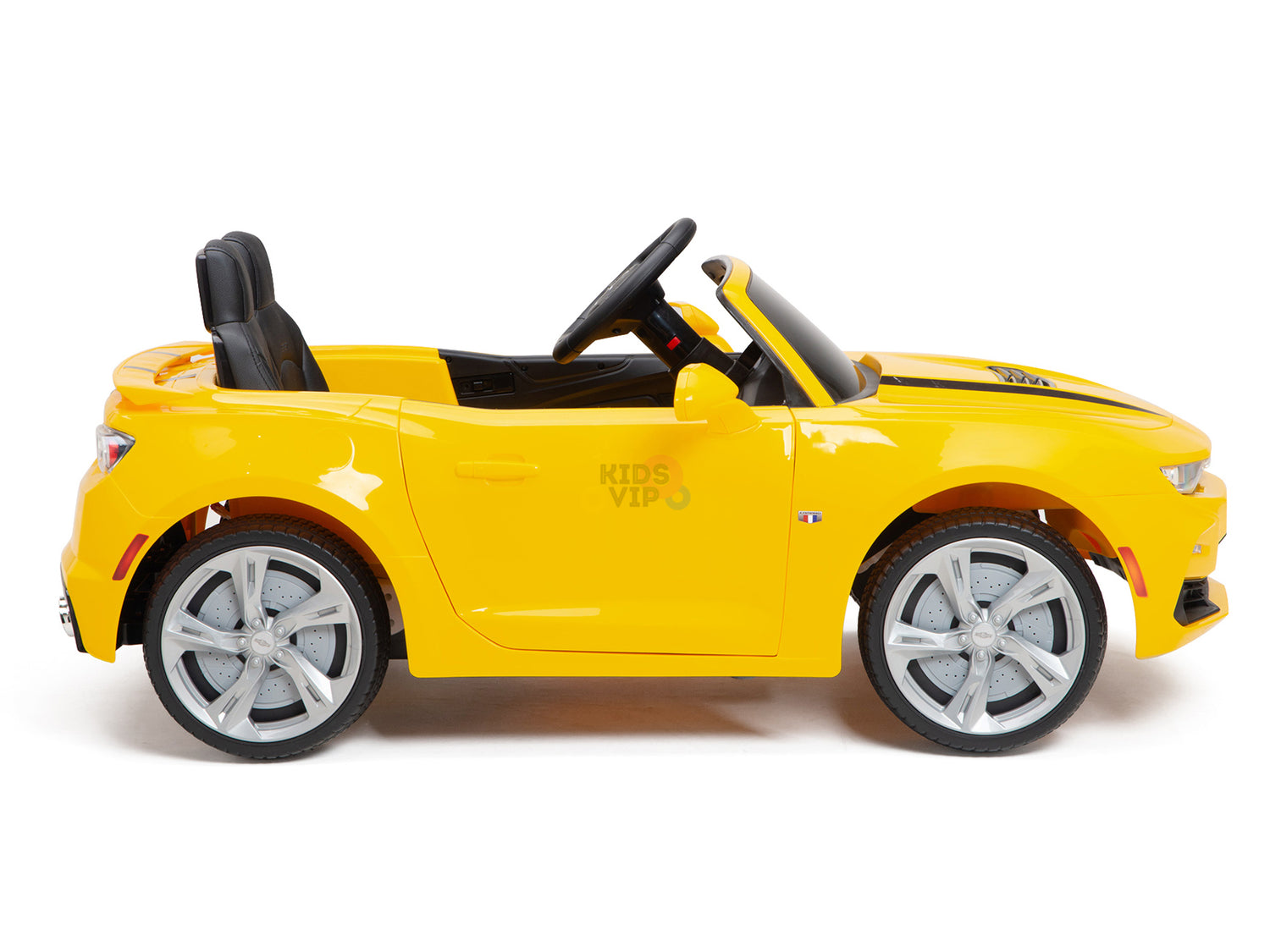 The Yellow 12V Official Sport Chevrolet Camaro Kids and Toddlers Ride on Car, styled like a Camaro with hood racing stripes, has a black seat, steering wheel, chrome-like wheels, and side mirrors on a plain white background.