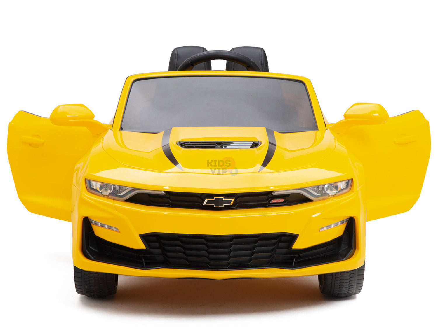 The Yellow 12V Official Sport Chevrolet Camaro Kids Ride-on Car has a front view with open doors, a visible steering wheel, and black racing stripes. It includes a parental remote for safety.