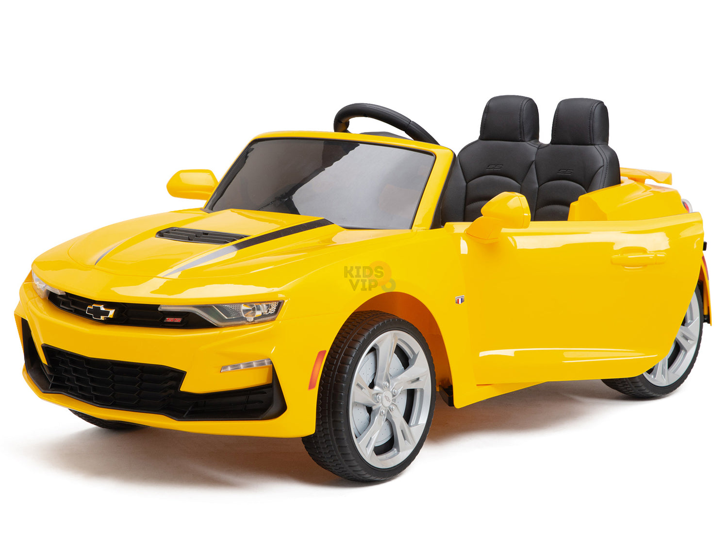 The Yellow 12V Official Sport Chevrolet Camaro Kids Ride-On Car features a remote control, two black seats, a steering wheel, detailed headlights, sporty wheels, and slightly open doors for an angled display.